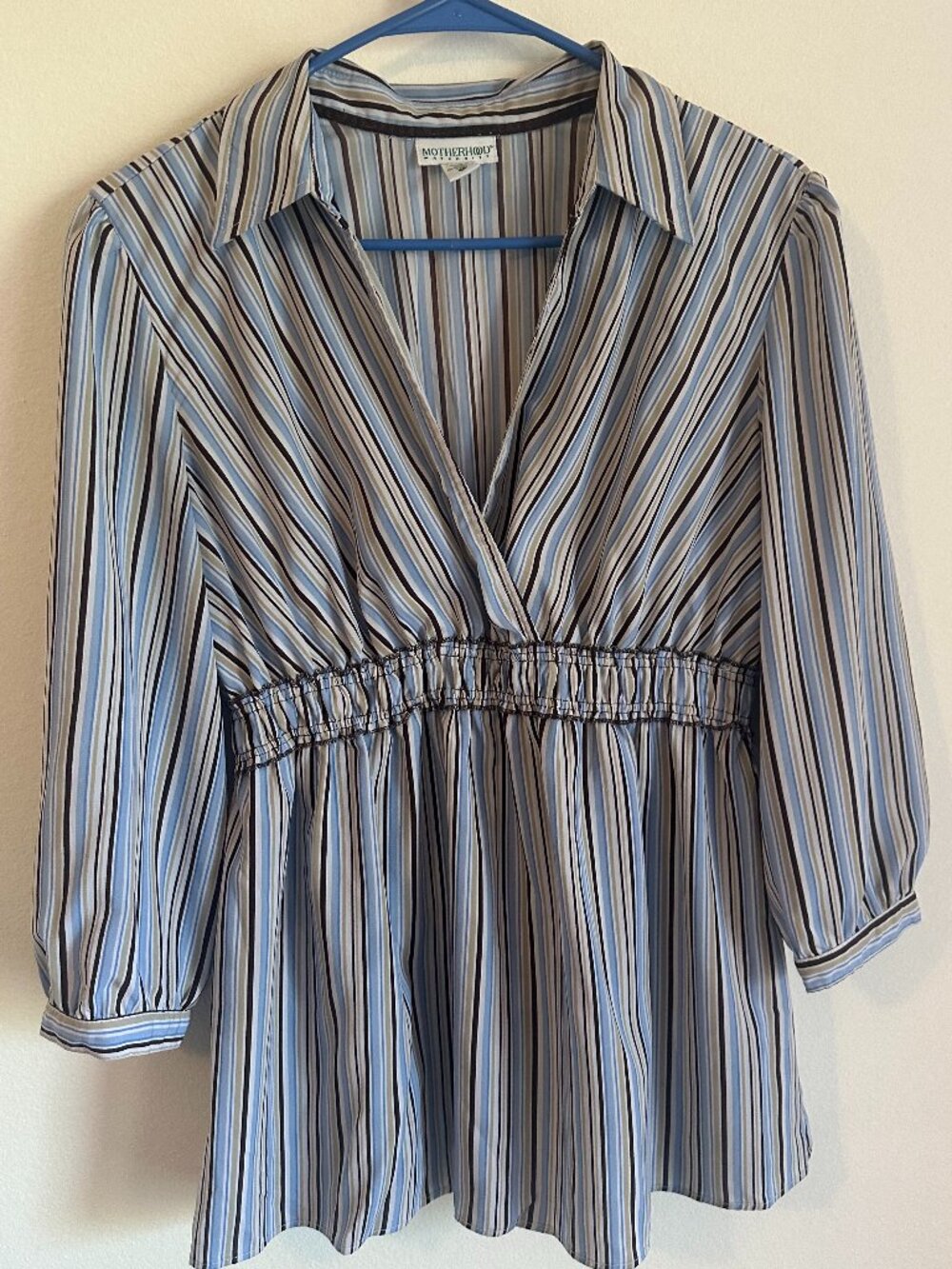 Motherhood Maternity Striped Top L Blue Collared V-Neck 3/4 Sleeve